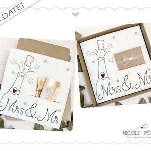 Stickdatei ITH 2er Set 18x13 - Mrs & Mr ... lass den Korken knallen für Geschenkboxen, Glückwünsche, Hochzeitskarte, Geldgeschenk....
