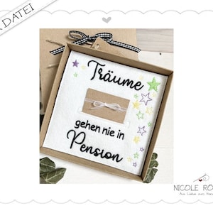File da ricamo ITH Dreams never retire 18x13 per scatole regalo, biglietti, buoni, congratulazioni....