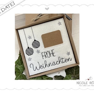 Stickdatei ITH Frohe Weihnachten mit Kugeln und Sternen 18x13cm für Geschenkboxen, Karten, Gutschein, Geldgeschenk...