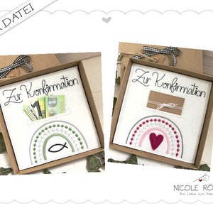 Stickdatei ITH 2er Set 18x13 Zur Konfirmation mit Regenbogen Fisch und Herz für Geschenkboxen, Glückwunschkarten...
