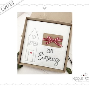 Borduurbestand ITH - Intrekken met Tiny House 18x13 voor geschenkdoos, kaarten, voucher, gefeliciteerd.... huis...