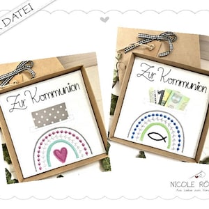 Stickdatei ITH 2er Set 18x13 Zur Kommunion mit Regenbogen Fisch und Herz für Geschenkboxen, Glückwunschkarten...