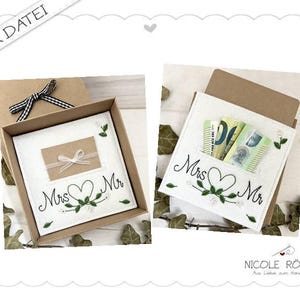 Arquivo de bordado para casamento, conjunto de 2 10x10 - Sra. e Sr. com coração, pétalas de rosa e folhas para caixas de presente, como cartão de casamento, presente em dinheiro...