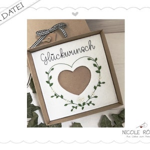 Archivo de bordado felicitaciones con corazón rosa ITH 18x13 para cajas de regalo, tarjetas, vales, regalos en efectivo...