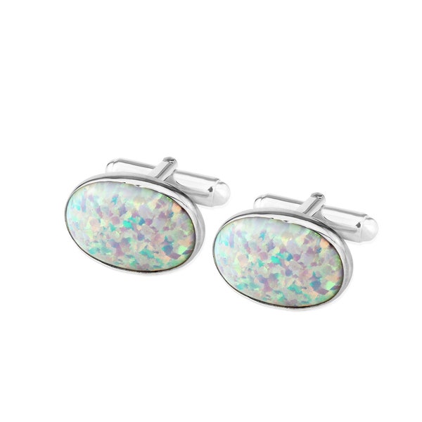 Large Sterling Silver Oval Cufflinks set with large White Opals UK made