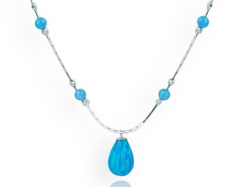 Silver Blue Opal Teardrop Necklace