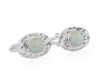 Handmade Silver White Opal Oval Cufflinks (Other Colours Available)
