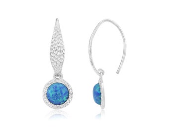 Hammered Sterling Silver Blue Opal Drop Earrings - Handmade
