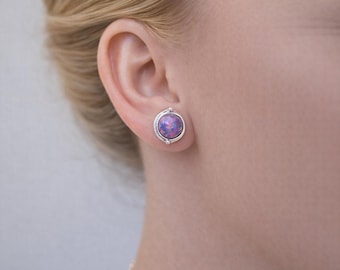 8mm Silver Purple Stud Earrings, Purple Opals, large lilac opal earrings,