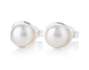 Silver White Pearl Stud Earrings, Fresh Water Pearl Sterling Silver Stud Earrings