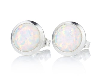 White Opal Silver 8mm Stud Earrings, Sterling Silver Handmade White Opal Earrings, opal studs