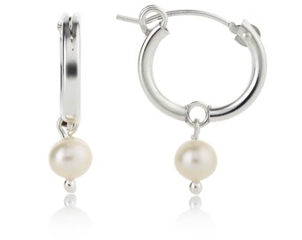 Sterling Silver Pearl Hoops, silver hoops, pearl earrings