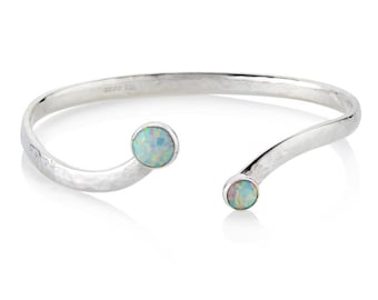 Silver Hammered Handmade White Opal Adjustable  Bangle. Designed by Lavan Jewellery UK