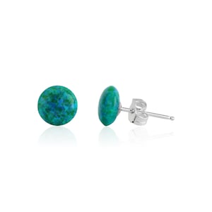 May include: A pair of silver stud earrings with round green turquoise stones.