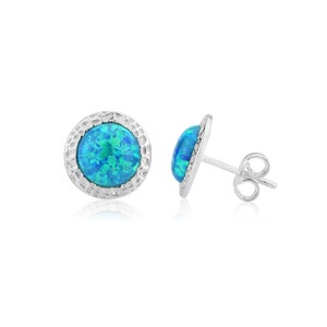 Aqua Opal Hammered Stud Earrings 8mm, opal studs,