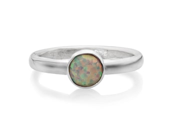 Sterling Silver White Opal Ring, Handmade 6mm White Opal Silver Stacking Ring