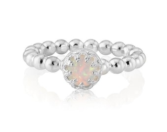 Handmade Sterling Silver White Opal Ring: Beaded Stacking Ring