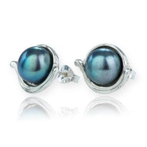 Sterling Silver Peacock Pearl Earrings, pearl studs, Black pearl studs