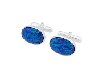 Dark Blue Opal Silver Cufflinks, Mens Cufflinks, Handmade Cufflinks,
