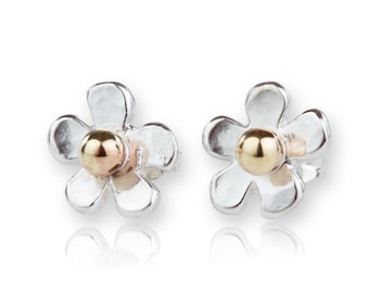 Gold and Silver Daisy Hammered Stud Earrings, flower studs, daisy studs,