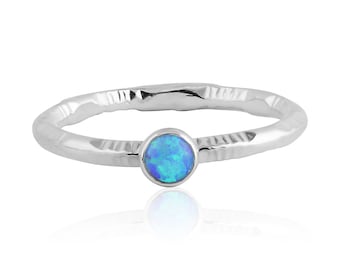 Blue opal silver ring with stamp pattern