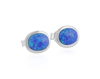 Dark Blue Opal Oval Stud Silver Earrings
