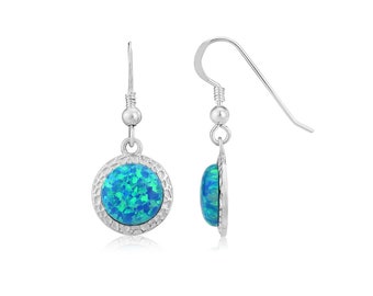 Handmade Sterling Silver Aqua Opal Hammered Drop Earrings