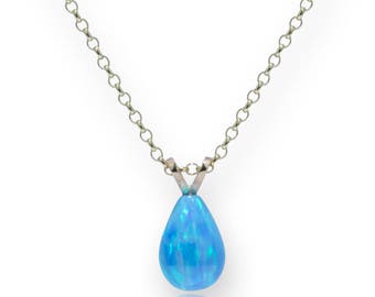 Gold Blue Teardrop Opal Delicate Pendant