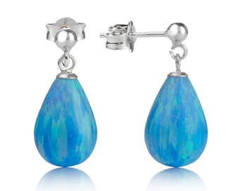 Blue Opal Silver Drop Earrings, long opal drop earrings,