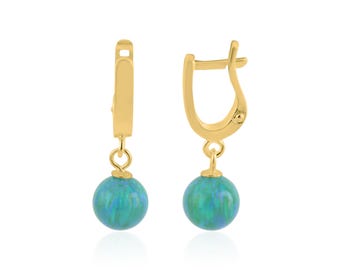 Gold Opal Drop Earrings, Green Opal 18ct Earrings
