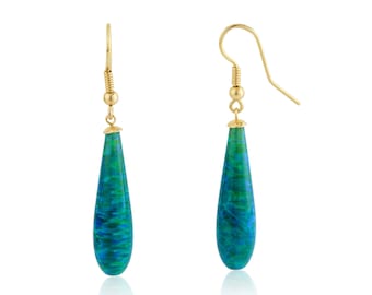9ct Gold Forest Green Teardrop Opal Earrings, Long gold earrings,