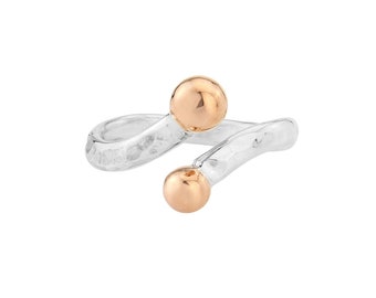 Hammered Sterling Silver Adjustable Ring with Rose Gold Beads