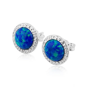 Dark Blue Opal Hammered Stud Earrings 8mm