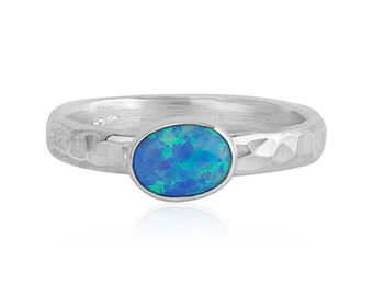 Sterling Silver Blue Opal Ring: Hammered Band, Handmade UK