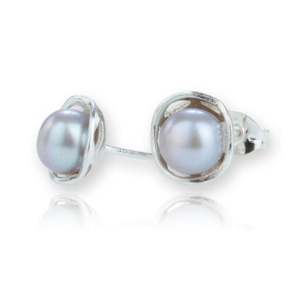 Silver Grey Pearl Stud Earrings, Fresh Water Grey Pearl and Sterling Silver Handmade Stud Earrings
