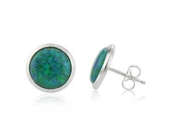 8mm Forest Green Opal Silver stud Earrings, Opal Earrings