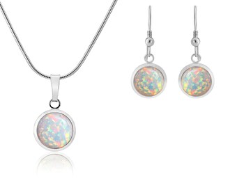 White opal silver earrings and a matching pendant
