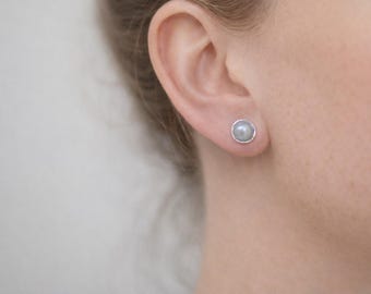 Silver Grey Pearl Stud Earrings, Fresh Water Grey Pearl and Sterling Silver Handmade Stud Earrings