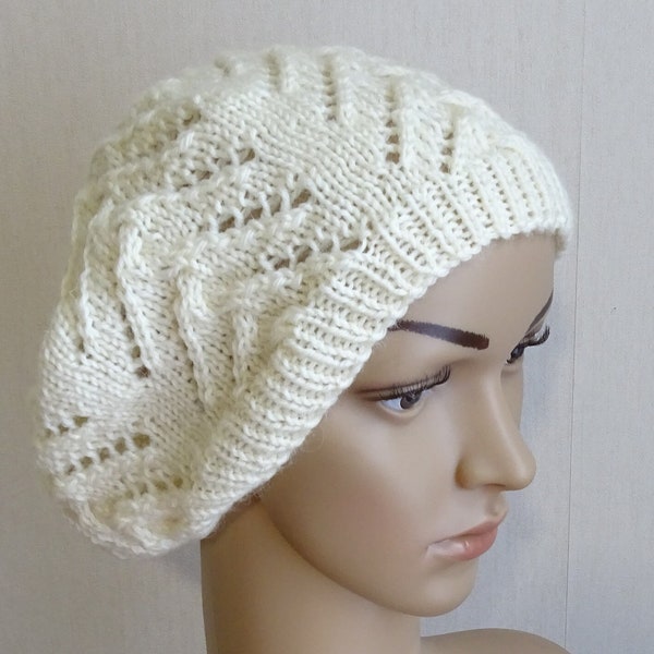 Bonnet béret femme écru en laine tricoté main