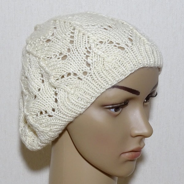 Bonnet béret femme blanc en laine mérinos et soie tricoté main