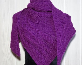 Châle écharpe triangulaire femme rose vif en laine et alpaga à torsades tricoté main