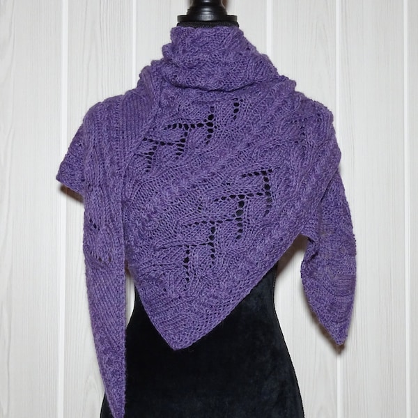 Châle écharpe triangulaire femme violet en laine et alpaga tricoté main