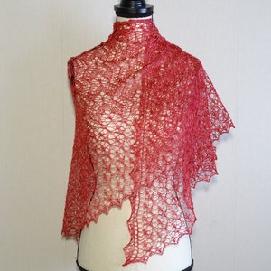 Wool and silk red hand knitted lace shawl