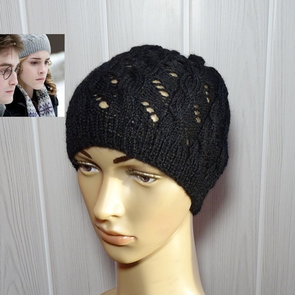 Bonnet femme Hermione noir en laine et alpaga tricoté main