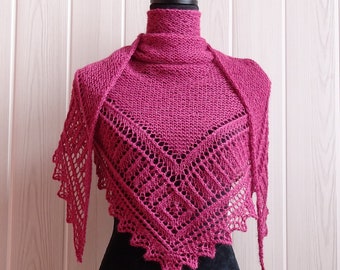 Châle écharpe triangulaire femme en laine alpaga rose framboise tricoté main