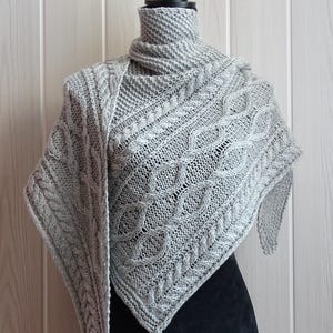 Knit shawl pattern : Adèle asymmetrical cables shawl knitting pattern