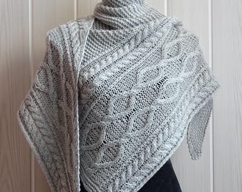 Knit shawl pattern : Adèle asymmetrical cables shawl knitting pattern
