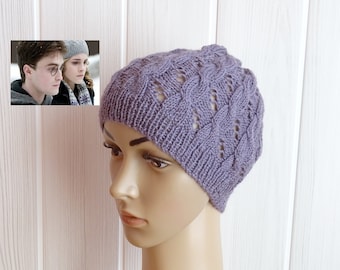 Bonnet femme Hermione violet en laine et alpaga tricoté main