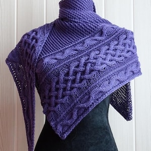 Knit shawl pattern : Morgan asymmetrical cables shawl knitting pattern