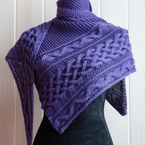 Knit shawl pattern : Morgan asymmetrical cables shawl knitting pattern